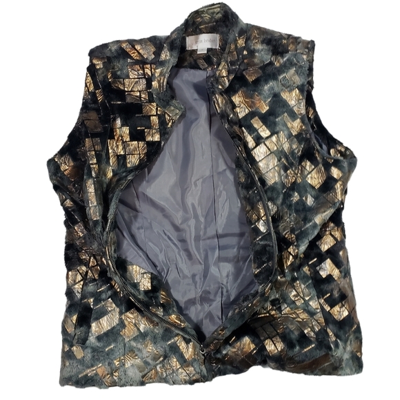 Erin London Faux Fur Vest Size Medium Gray Gold Metallic Abstract Print Full Zip - Picture 10 of 14